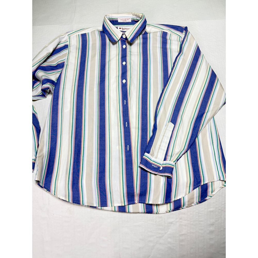Appleseeds Womens Blue Multi Color Striped Button Down Shirt Size 12 Long Sleeve